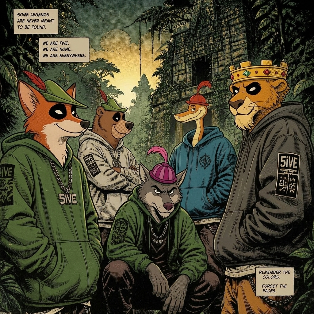 Hooded characters standing together in the jungle